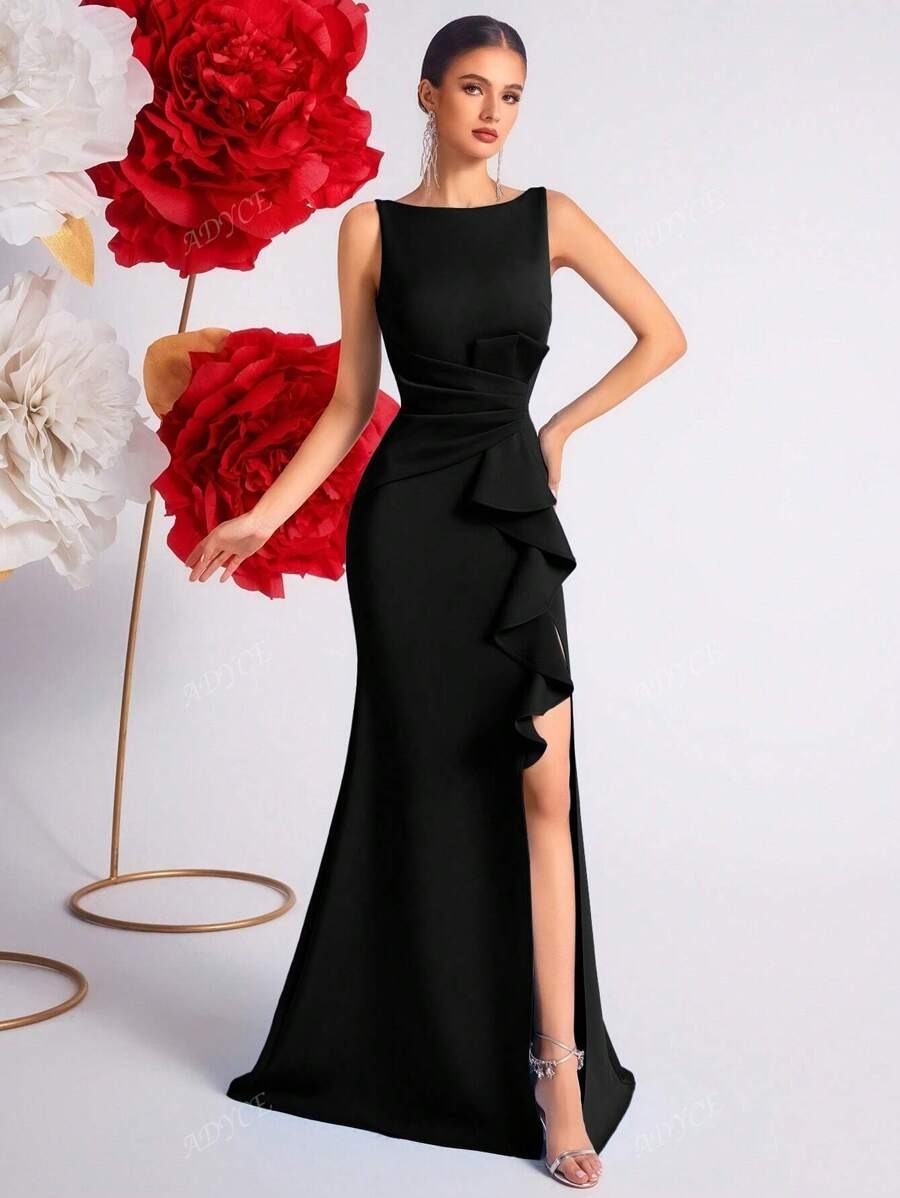 SHEIN ADYCE فستان سهرة أسود ضيق بكشكشة