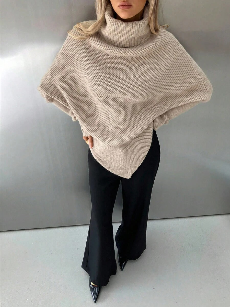 SHEIN كنزة صوفية طويلة بياقة عالية بلون بيج