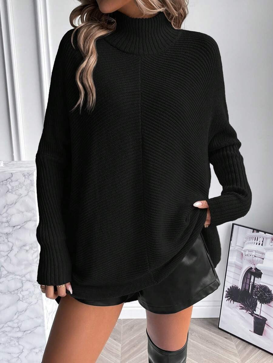 SHEIN كنزة صوفية سوداء بياقة عالية وأكمام خفاش
