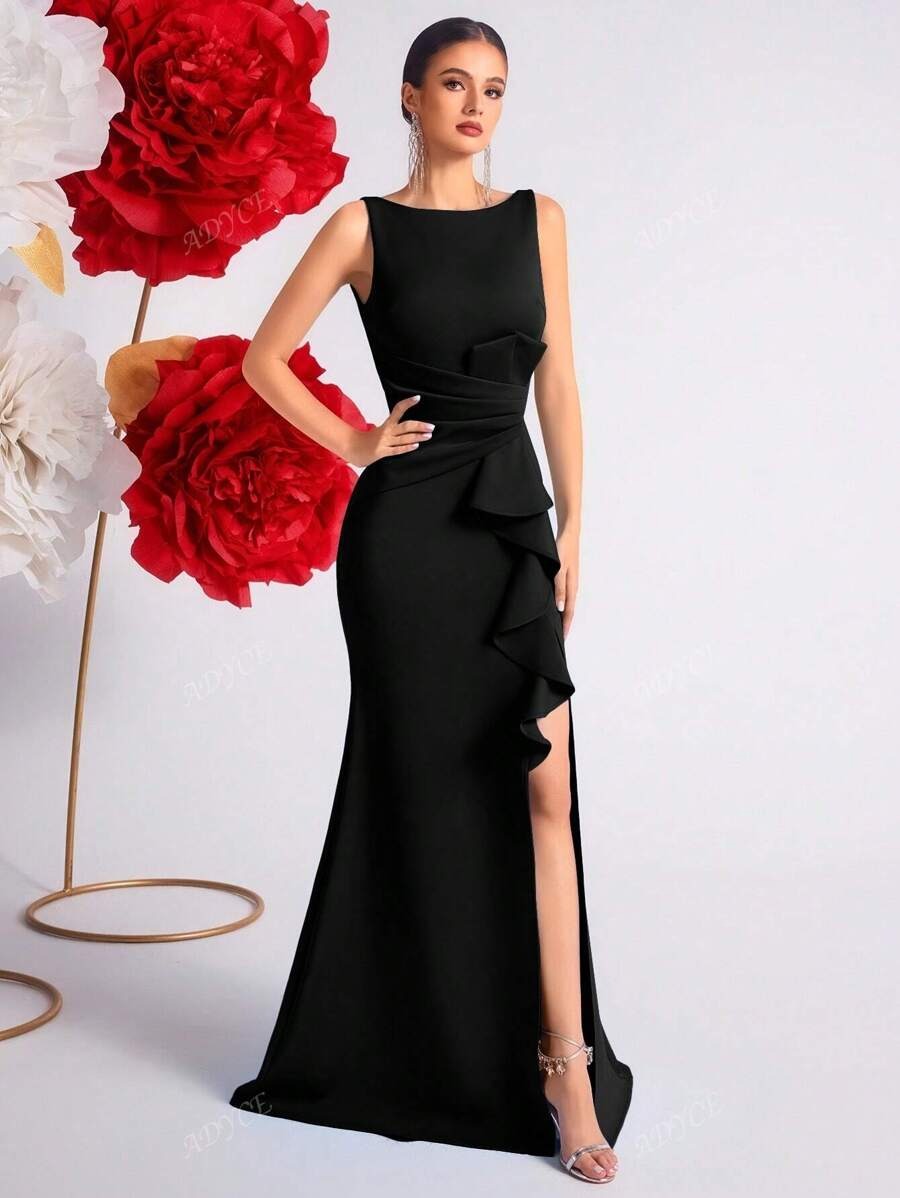 SHEIN ADYCE فستان سهرة أسود ضيق بكشكشة