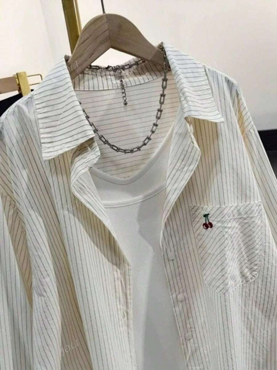 SHEIN قميص نسائي كاجوال بلون مشمشي وجيب مطرز