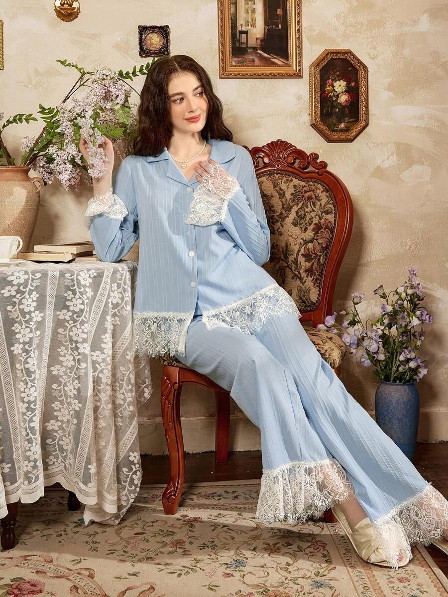SHEIN Côtesoire طقم بيجامة دانتيل أزرق أنيق