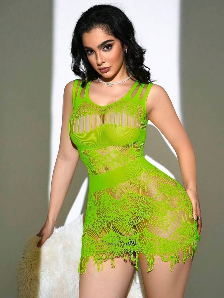 SHEIN فستان لانجري شبكي بلون أخضر ليموني