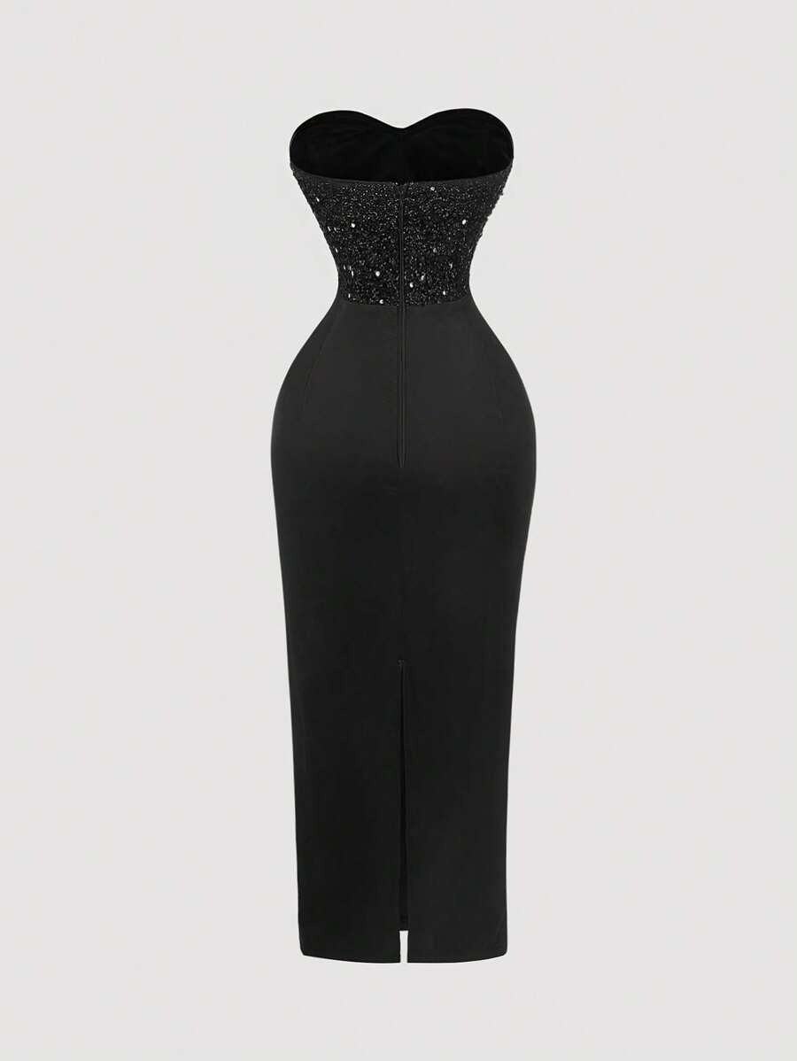 SHEIN MOD فستان سهرة أسود طويل من الترتر اللامع