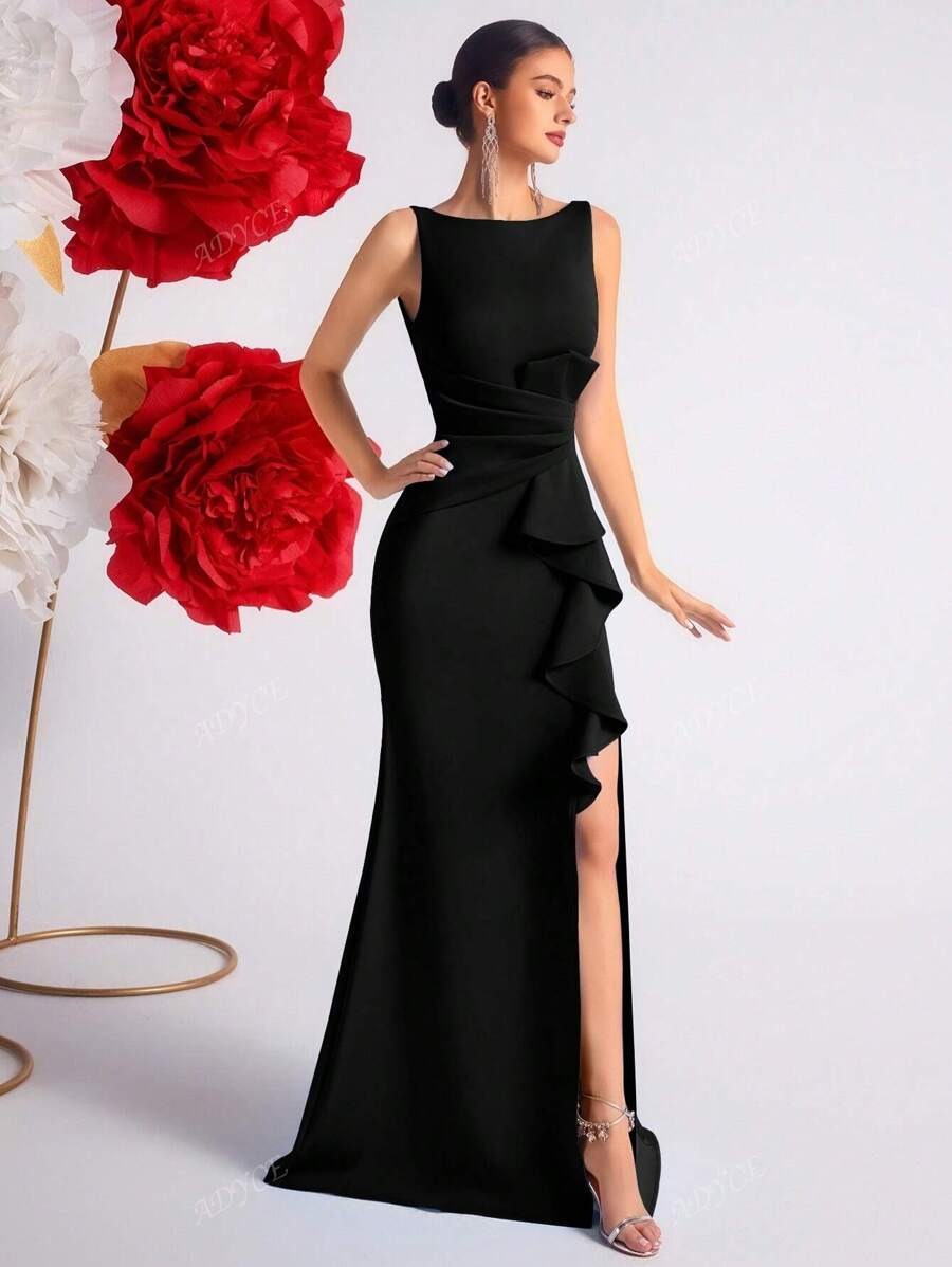 SHEIN ADYCE فستان سهرة أسود ضيق بكشكشة