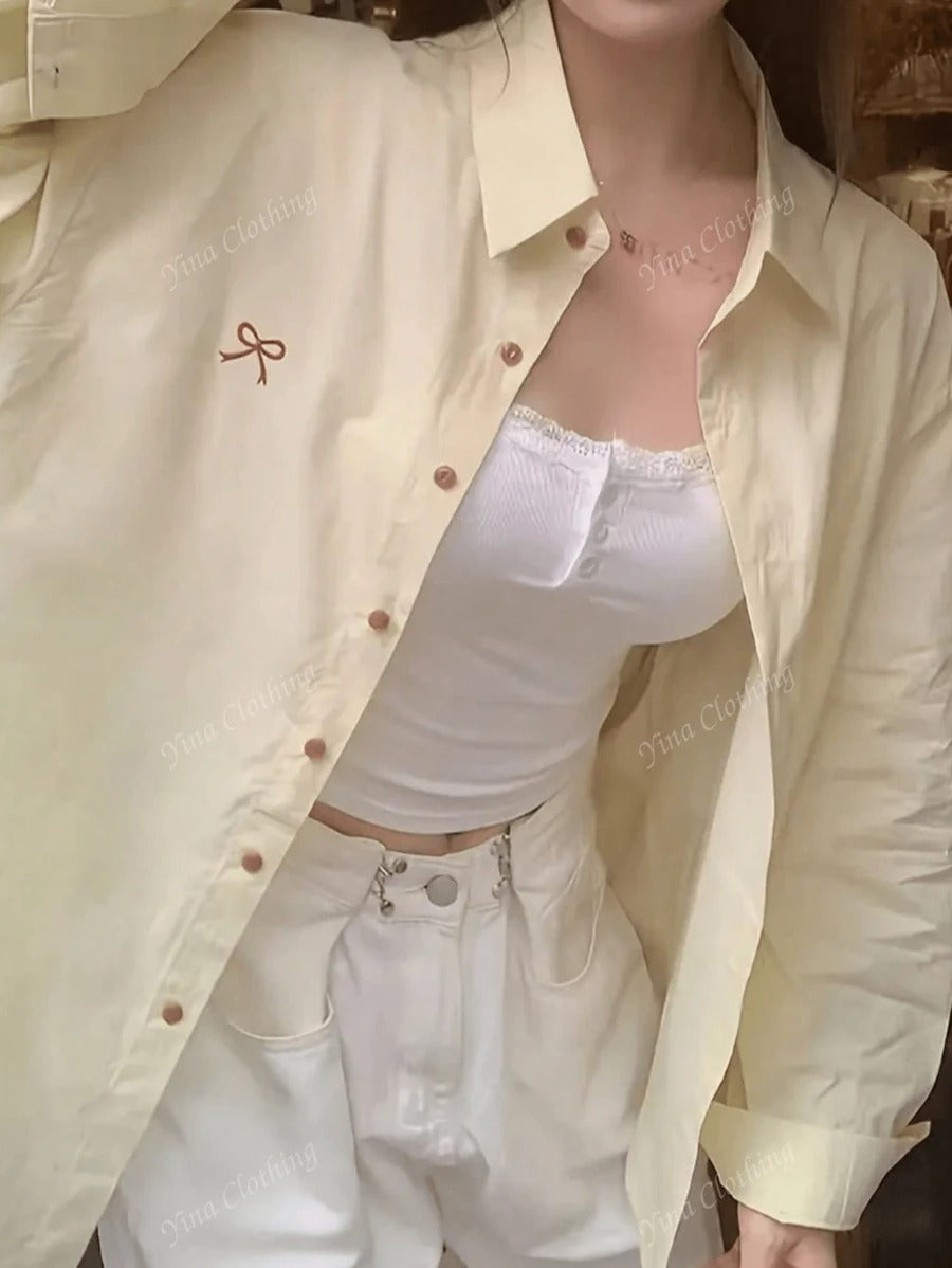 SHEIN قميص كاجوال بتطريز وأزرار أنيقة بلون أصفر