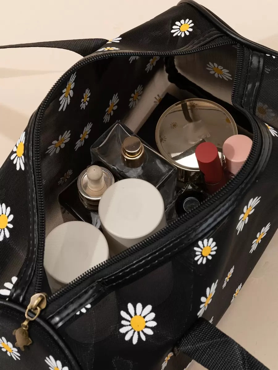 SHEIN حقيبة مكياج سوداء كبيرة شبكية بنقشة زهور