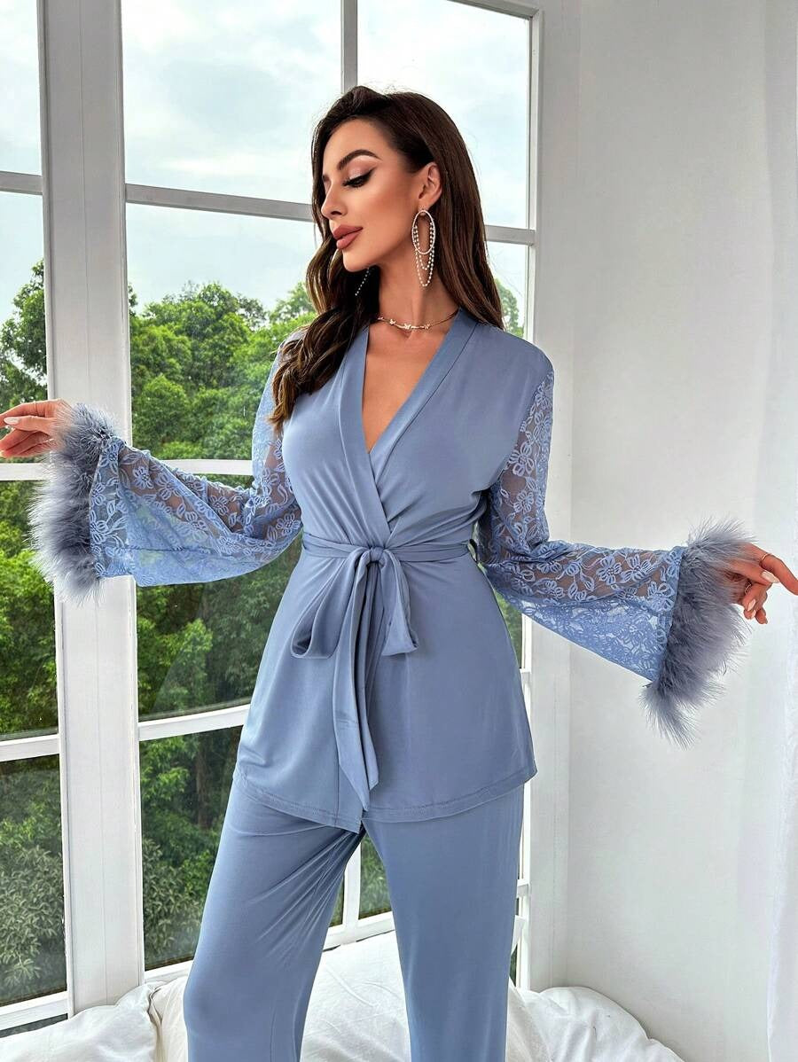 SHEIN طقم بيجامة بلون أزرق و أكمام دانتيل