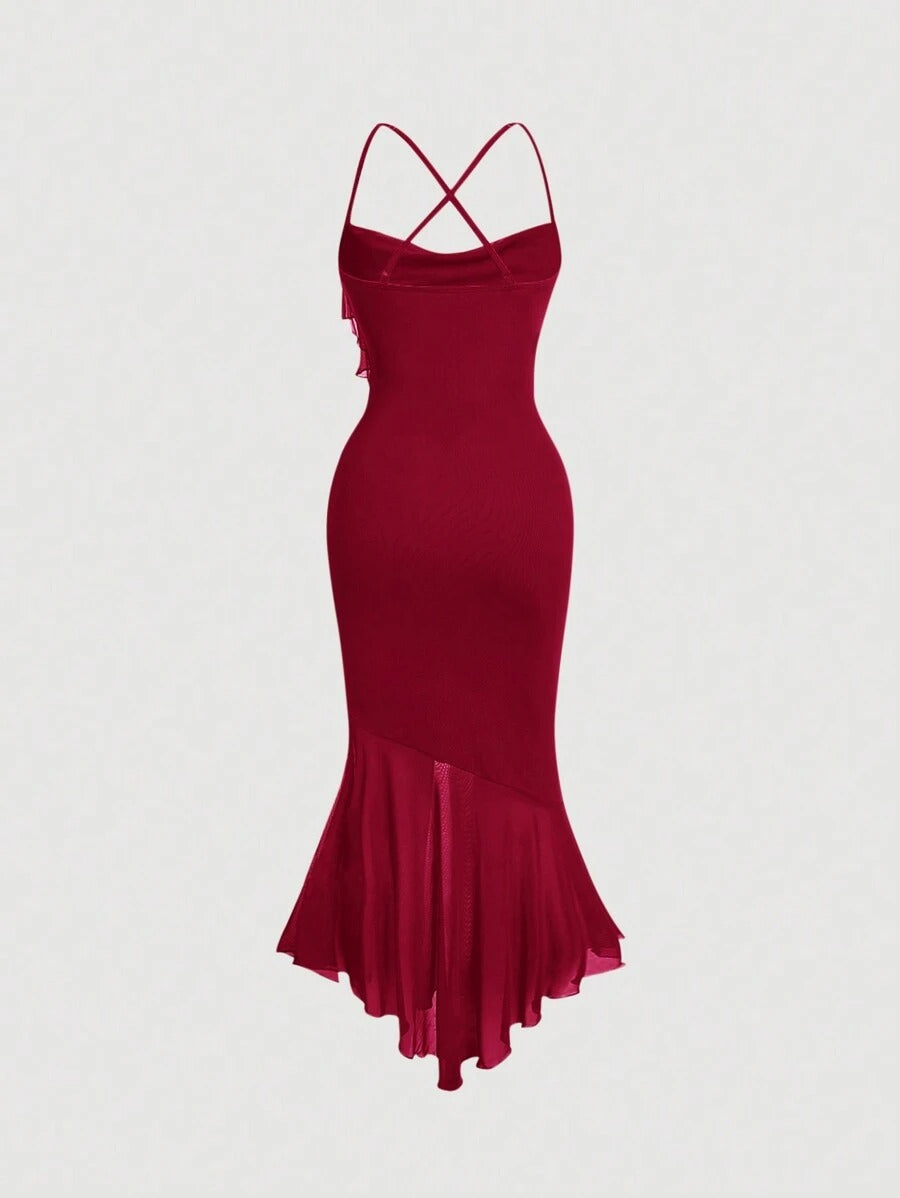 SHEIN MOD فستان كامي بلون عنابي وقصة ذيل سمكة