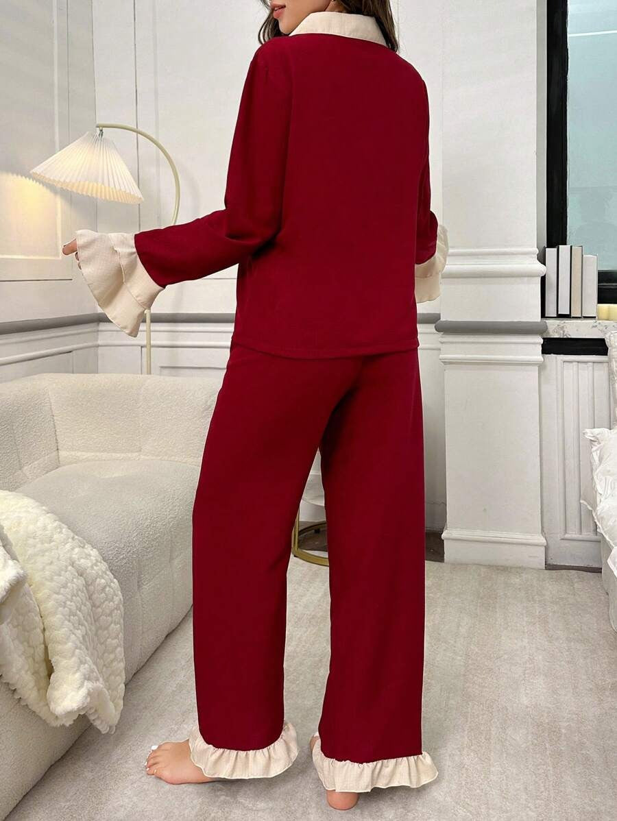 SHEIN طقم بيجامة عنابي بأكمام
