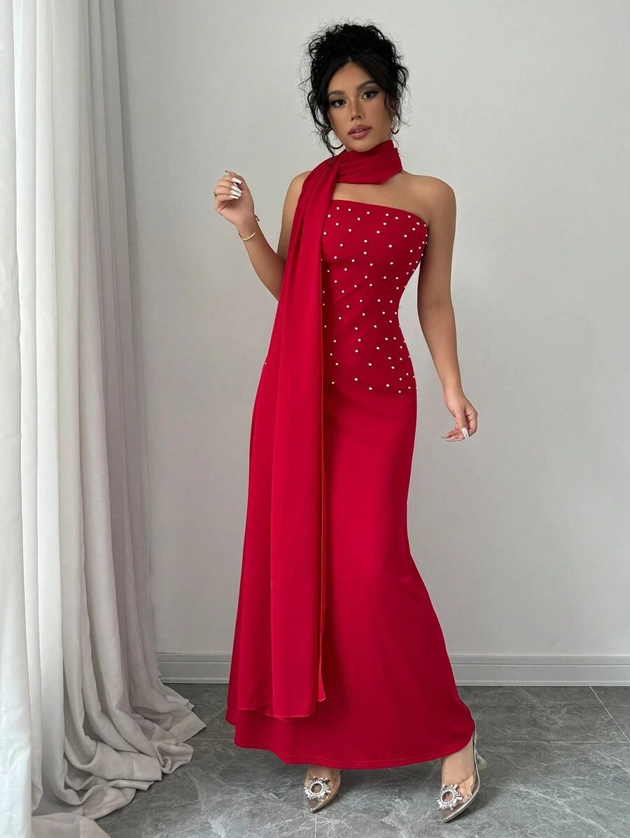 SHEIN Rafferiza فستان أحمر ماكسي طويل مزين بلؤلؤ
