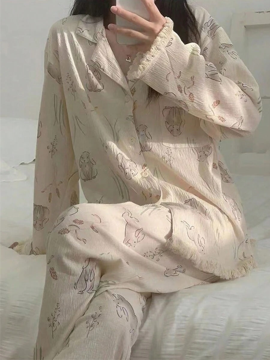 SHEIN طقم بيجامة مشمشي بطباعة أرنب وشراريب