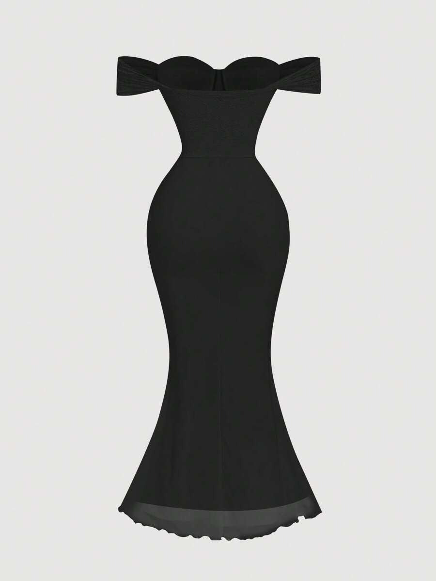 SHEIN MOD فستان أسود طويل دانتيل ناعم