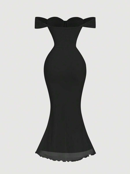SHEIN MOD فستان أسود طويل دانتيل ناعم