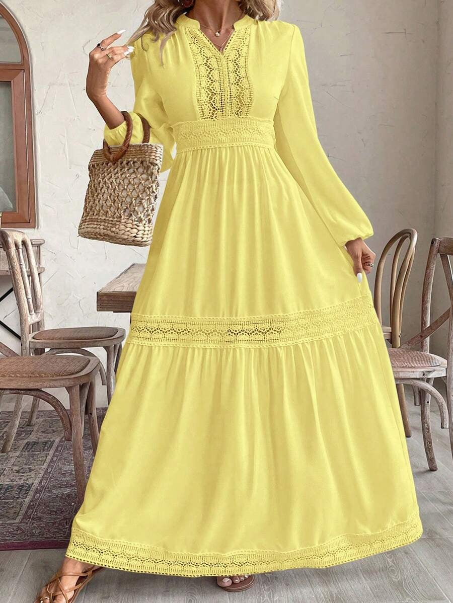 SHEIN فستان أصفر طويل بكسرات بكشكش