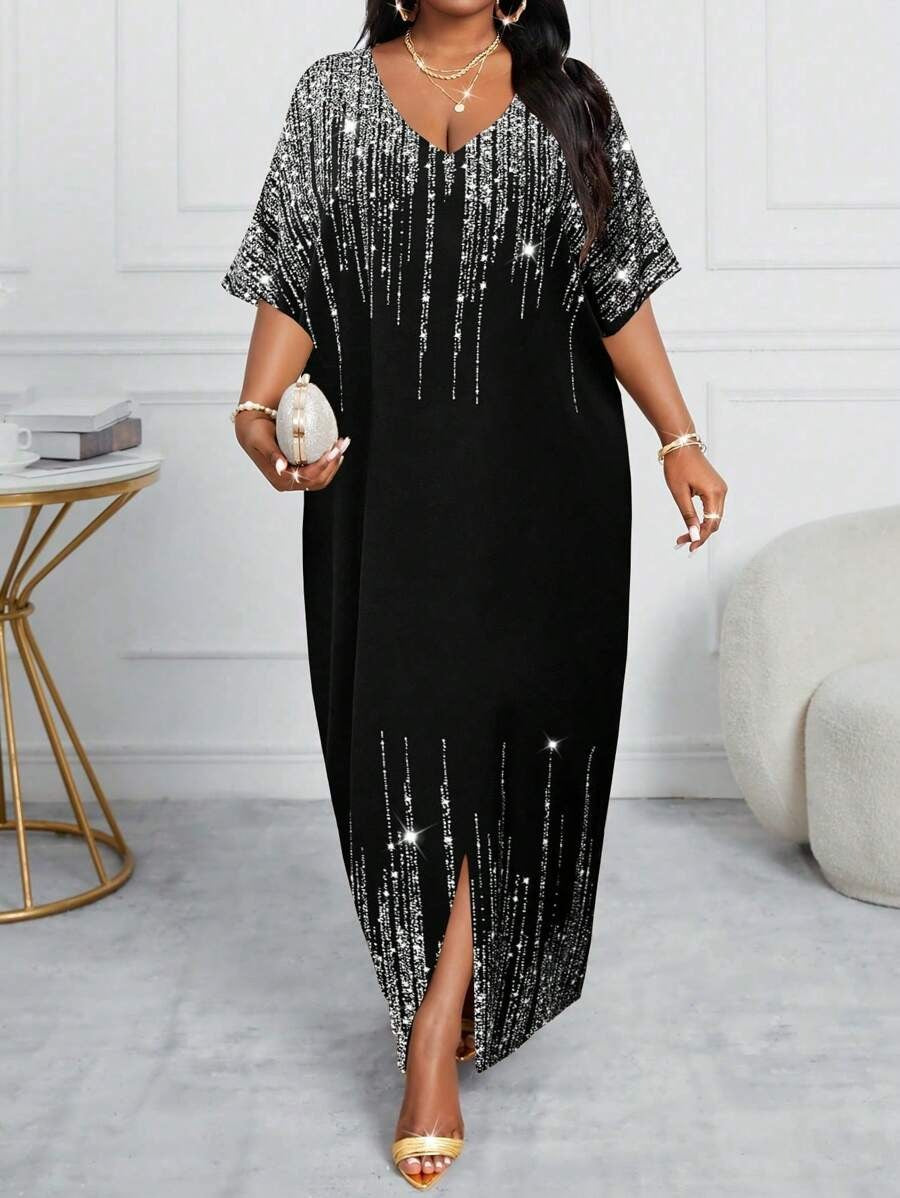 SHEIN فستان كافتان مطبع بأكمام جناح خفاش