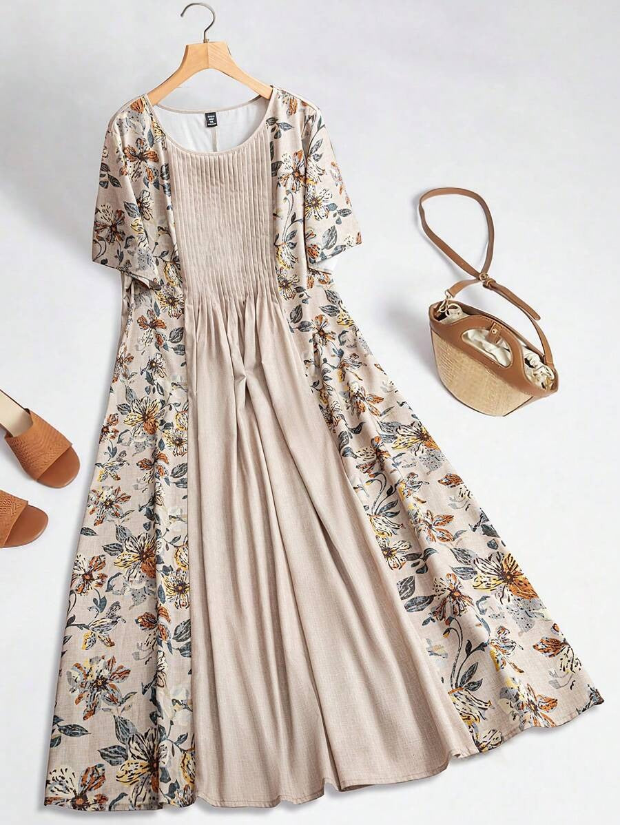 SHEIN فستان قصير بطبعة كلاسيكية وياقة دائرية