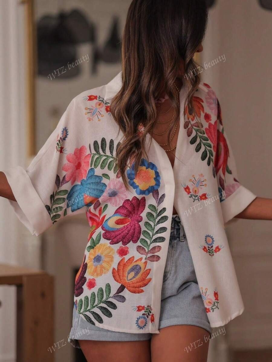SHEIN بلوزة نسائية طويلة بخامة خفيفة وأكمام خفافيش بطبعة زهور