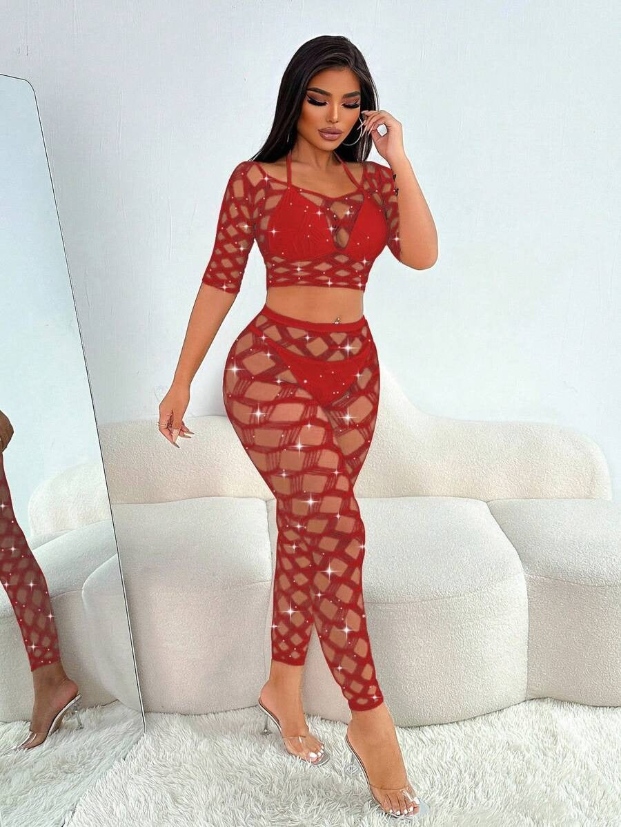 SHEIN طقم داخلي قطعتين بلوزة مفتوحة على الصدر وبنطال طويل شفاف بلون عنابي