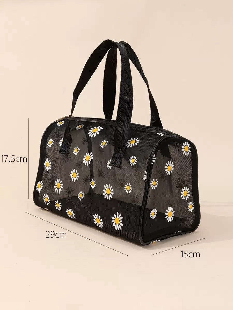 SHEIN حقيبة مكياج سوداء كبيرة شبكية بنقشة زهور