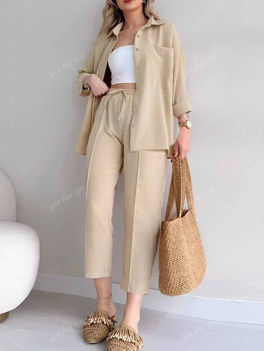 SHEIN طقم كاجوال ناعم مكون من بلوزة مع بنطلون واسع برباط خصر بلون مشمشي