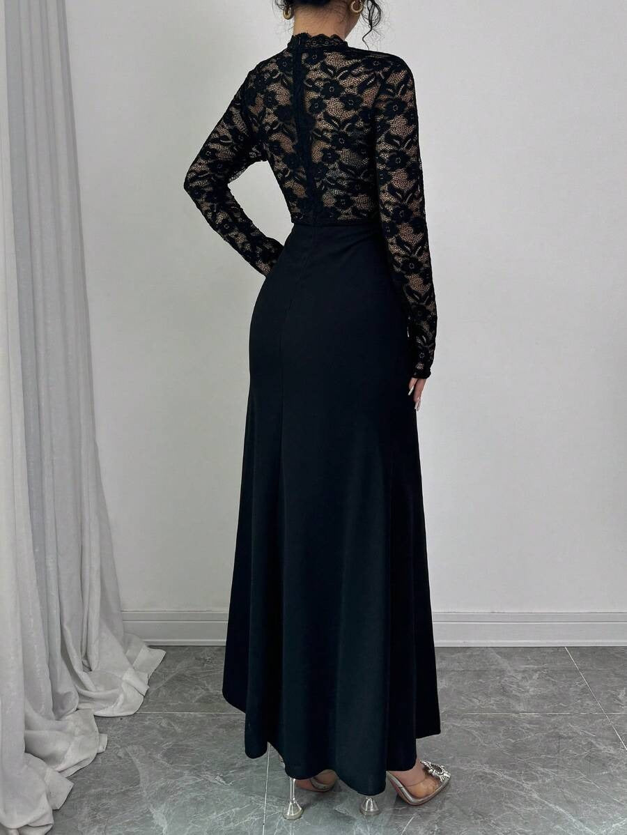 SHEIN Modelyn فستان ماكسي بتطريز دانتيل لون أسود