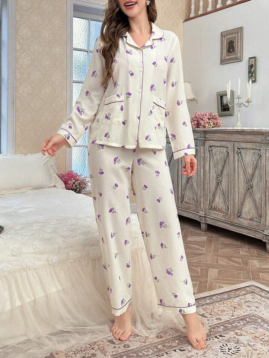 SHEIN CottageSlumber طقم بيجامةبلون أرجواني
