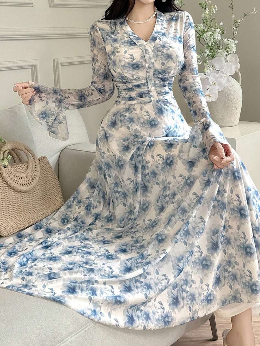 SHEIN qualityFeyla فستان طويل بنقشة زهرية وأكمام بفتحات