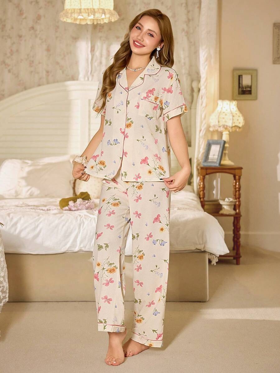 SHEIN CottageSlumber طقم بيجامة صيفي بطبعة زهور