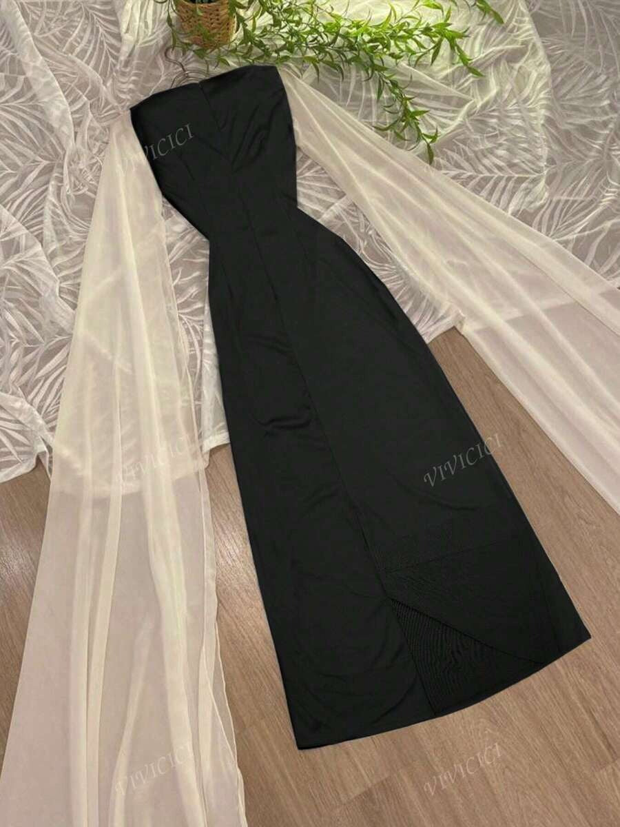 SHEIN فستان ماكسي أنيق بتفاصيل متباينة وياقة مربعة