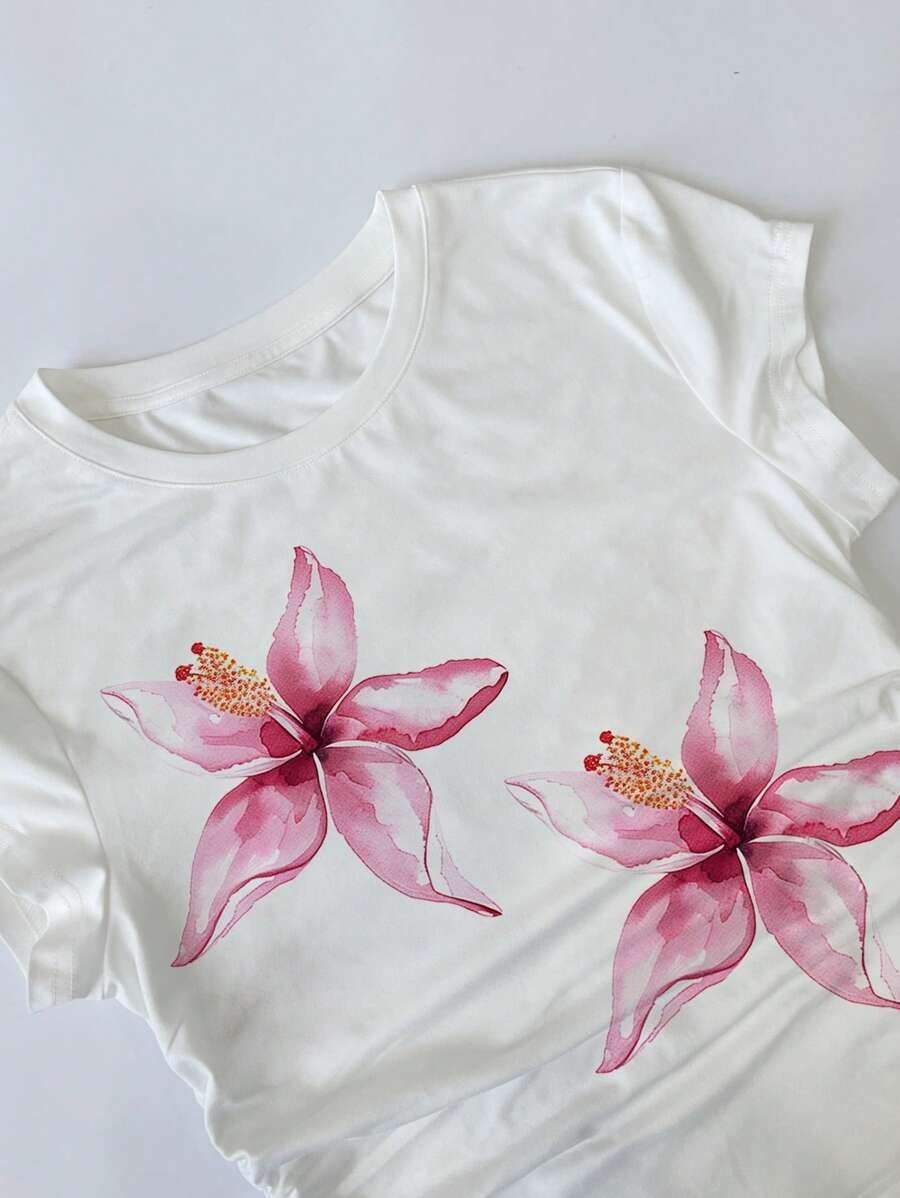 SHEIN تيشيرت نسائي صيفي بزهري ودفع خصر