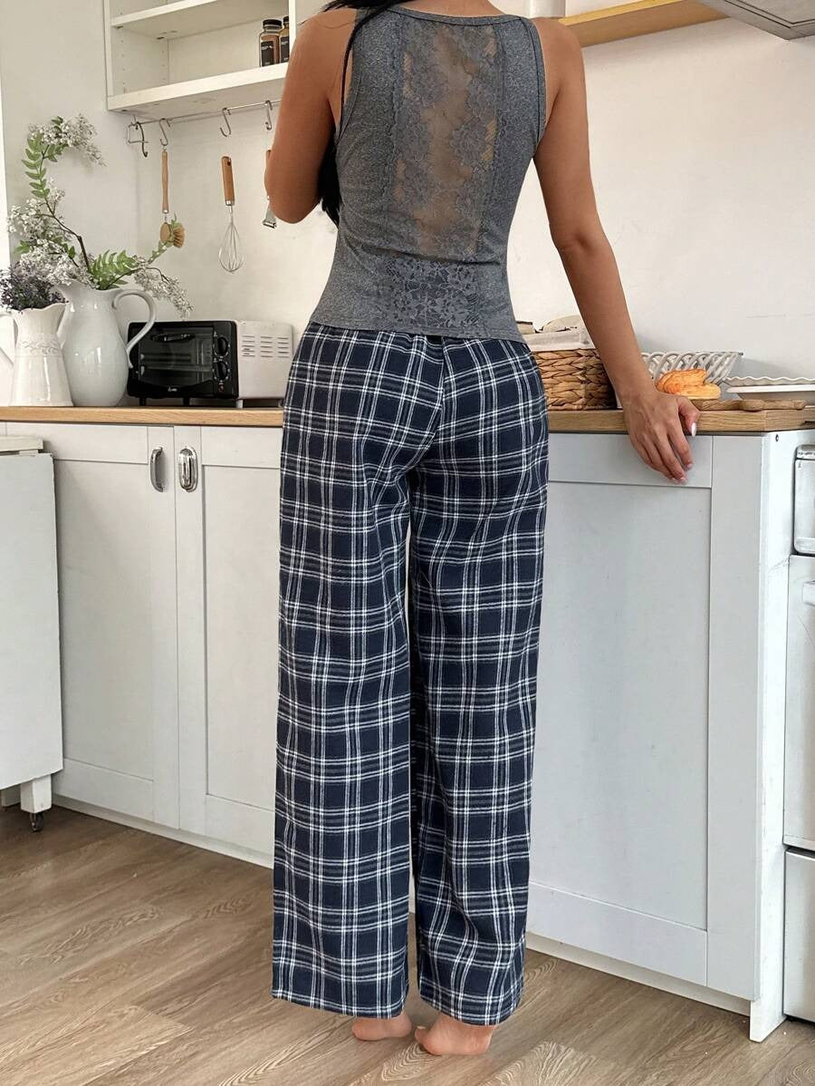 SHEIN طقم بيجامة بناتي كاجوال برباط دانتيل وظهر مكشوف