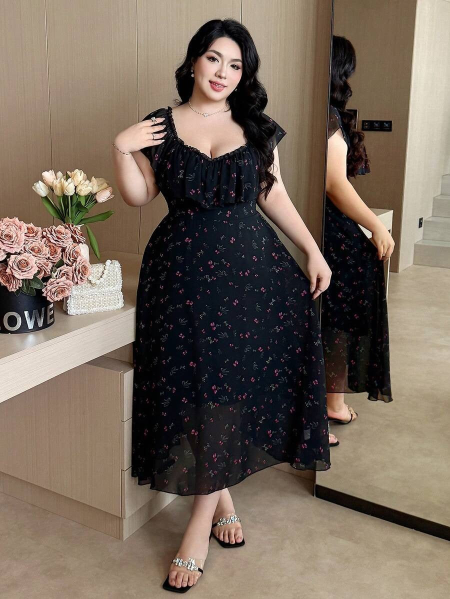 SHEIN فستان ناعم وخفيف بقماش شيفون مبطن شيفون أسود مطبع بالورد