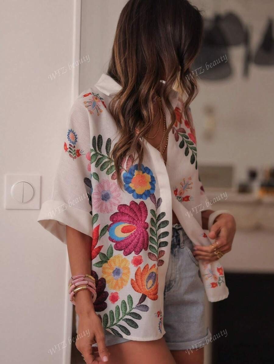 SHEIN بلوزة نسائية طويلة بخامة خفيفة وأكمام خفافيش بطبعة زهور