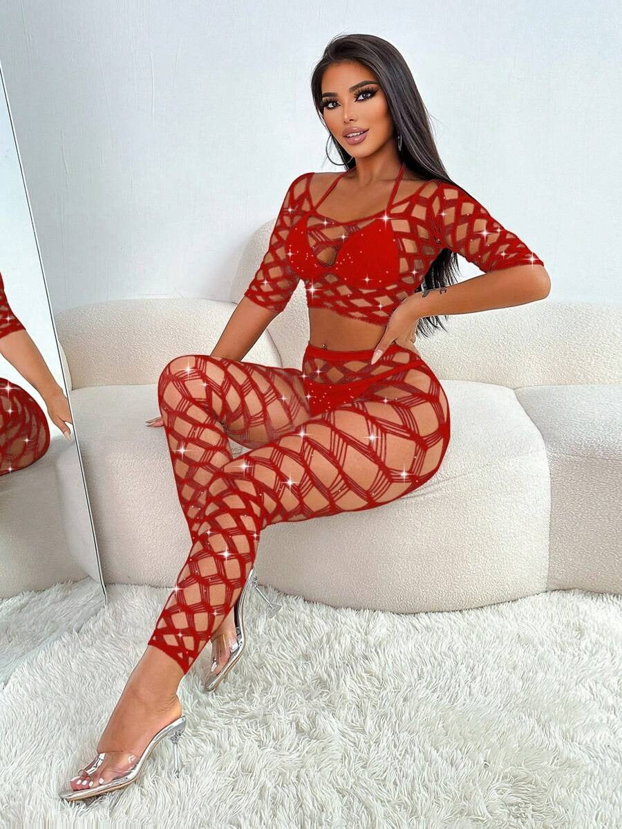 SHEIN طقم داخلي قطعتين بلوزة مفتوحة على الصدر وبنطال طويل شفاف بلون عنابي