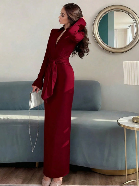 SHEIN فستان عنابي بأكمام طويلة وطوق وخصر مشدود بسحاب