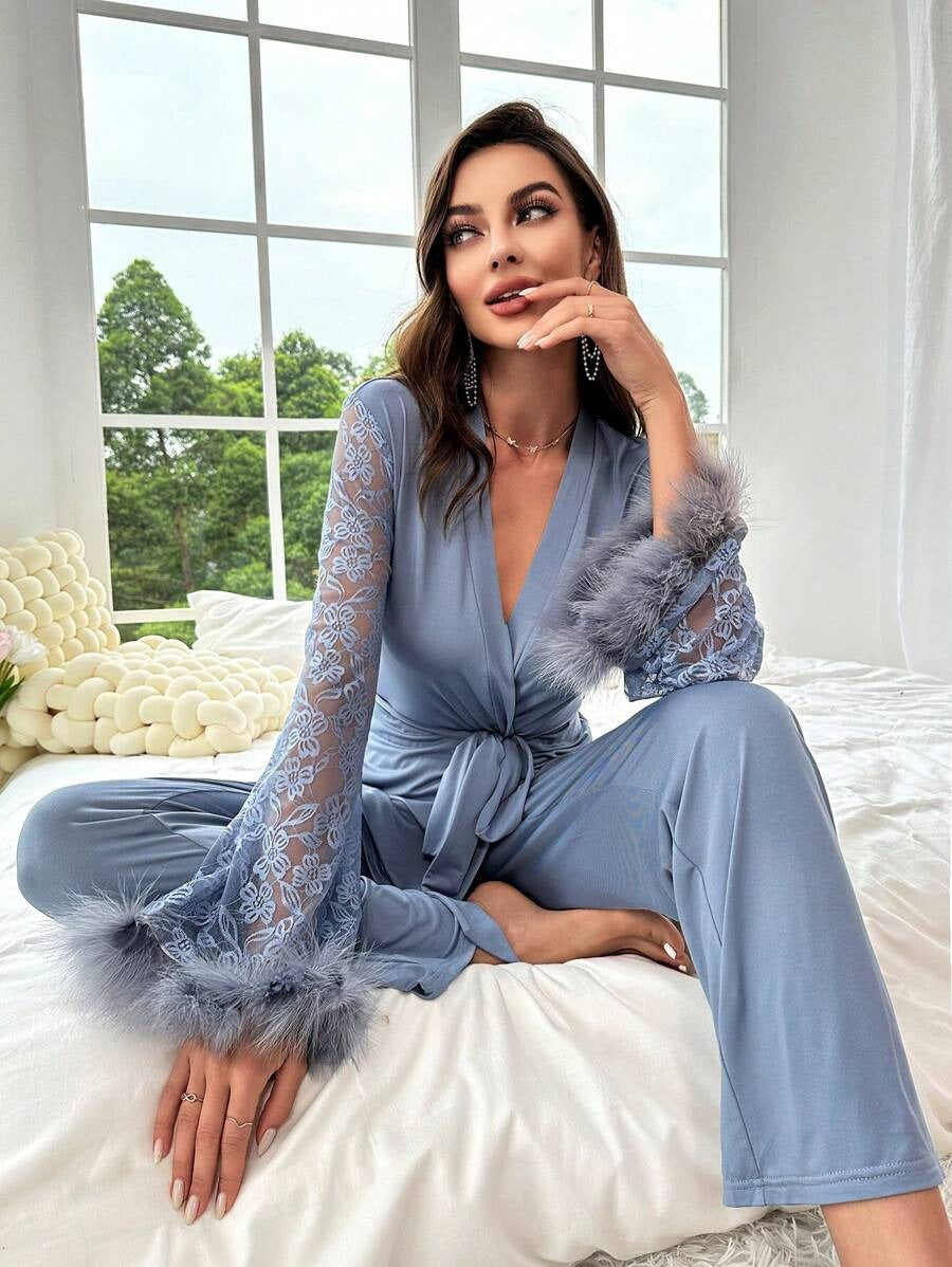SHEIN طقم بيجامة بلون أزرق و أكمام دانتيل