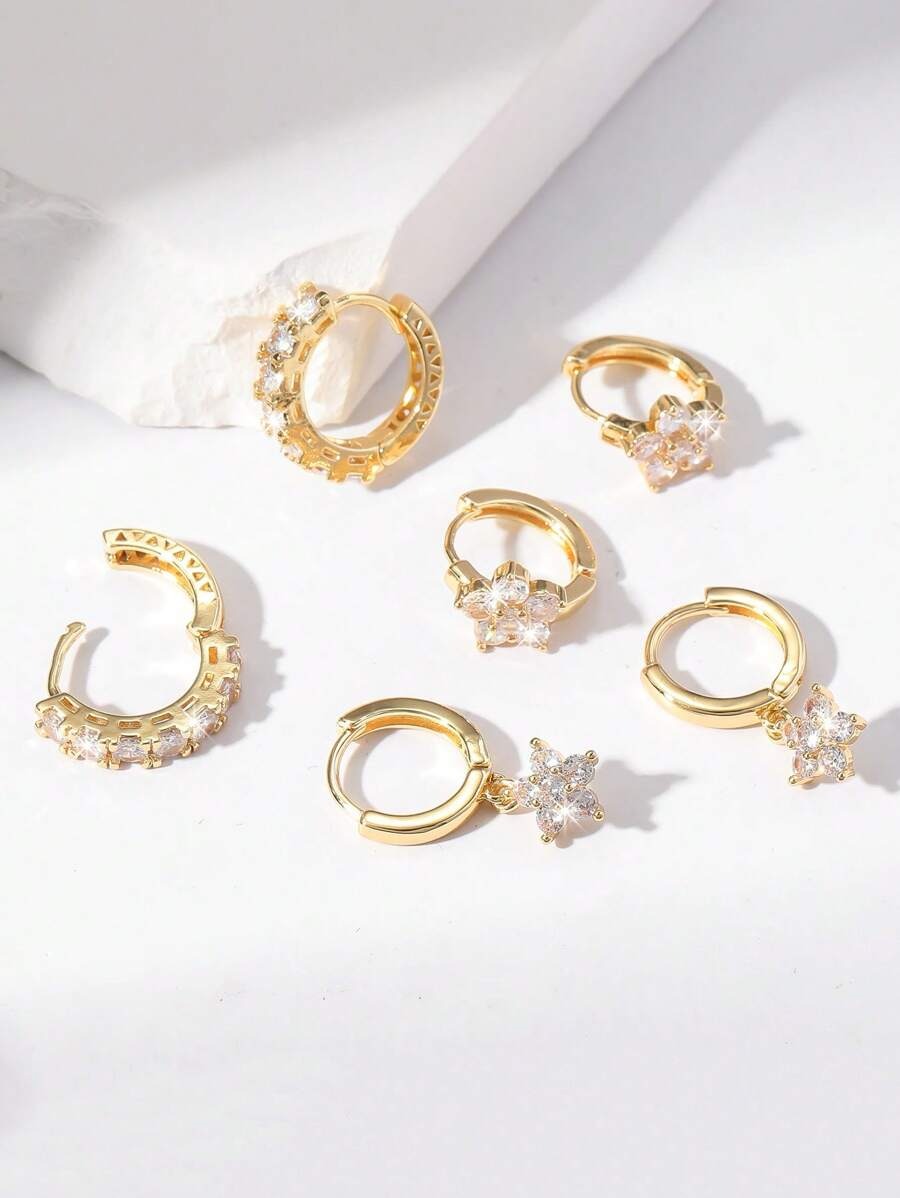 SHEIN Hihho طقم من 6 أقراط ذهبية منفصلة مرصعة بزركون لامع