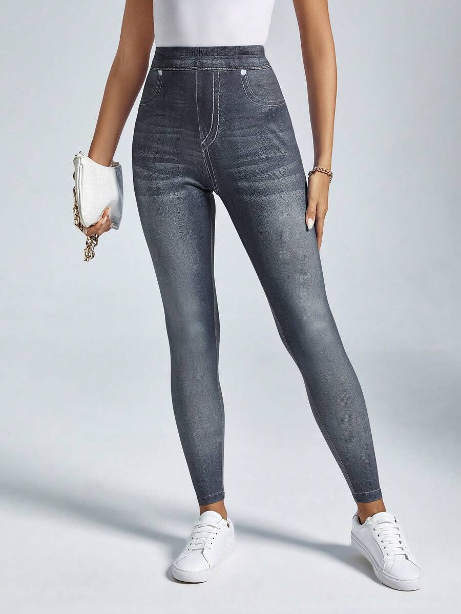 SHEIN بنطلون لقينز نسائي ضيق بتأثير الجينز