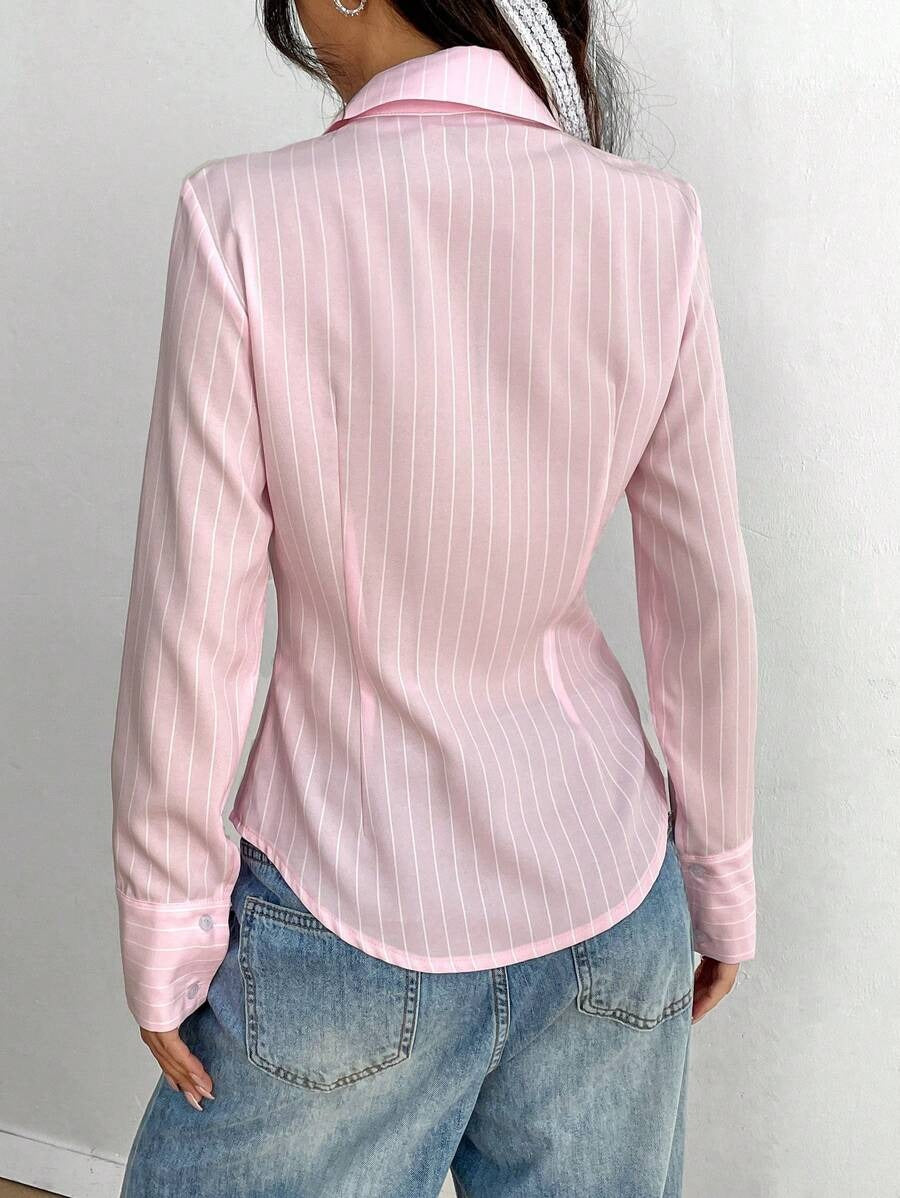 SHEIN Flirla قميص كاجوال خفيف ومريح مخطط بلون وردي
