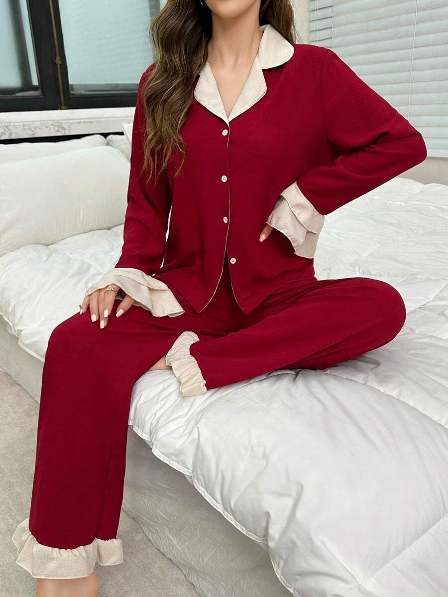 SHEIN طقم بيجامة عنابي بأكمام