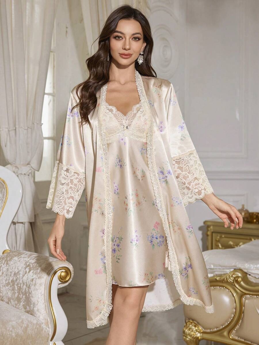 SHEIN طقم لانجري أنيق من قطعتين فستان مع روب حرير