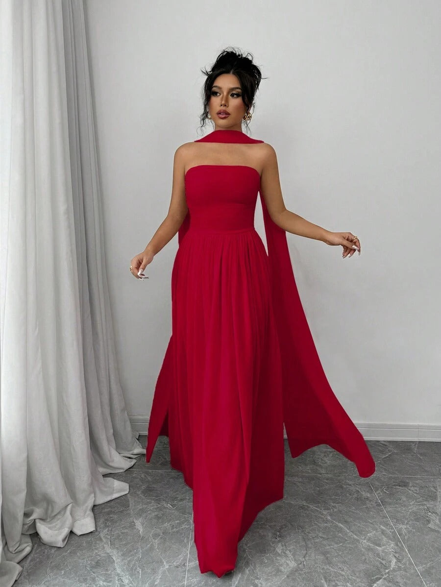 SHEIN Elenzga فستان احمر طويل بدون أكمام
