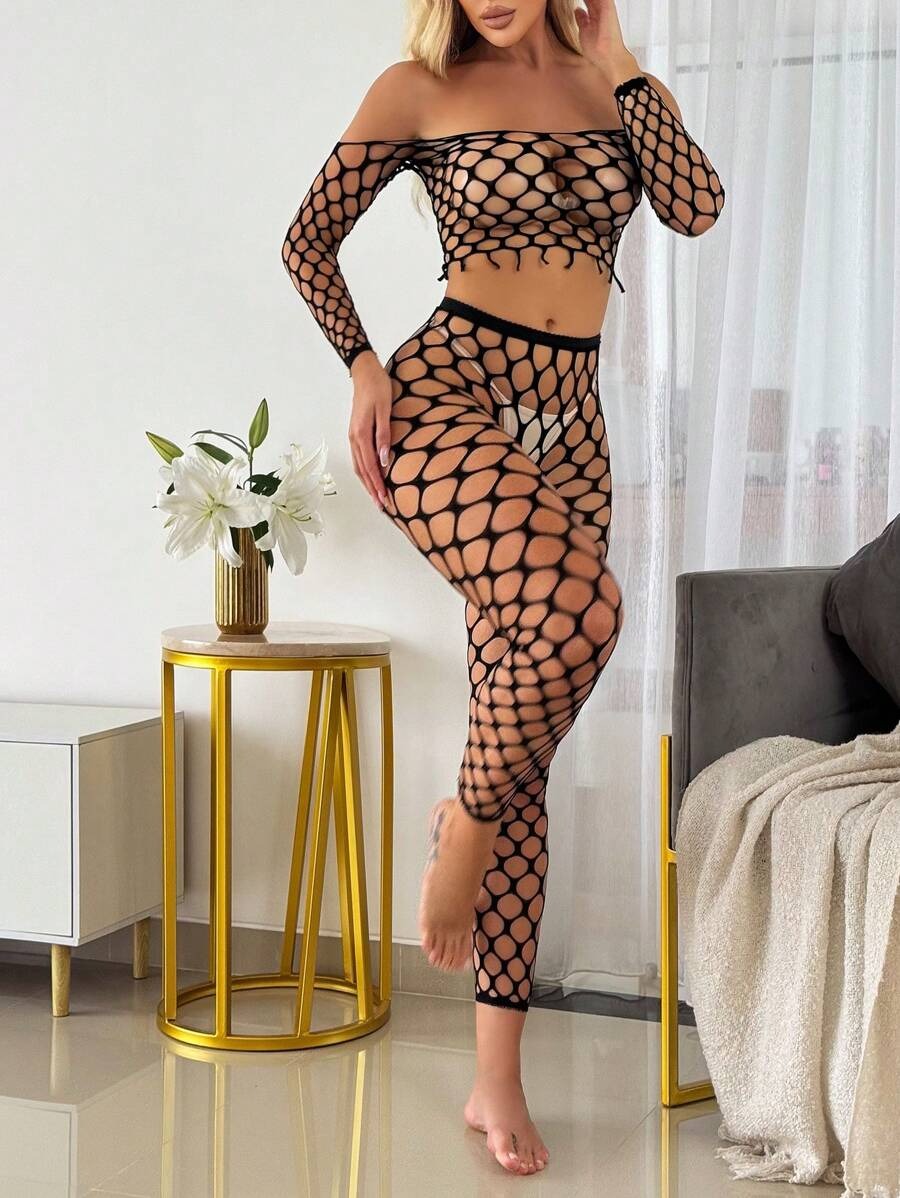 SHEIN ChaseTheNight طقم لانجري قماش شبك من قطعتين لون أسود
