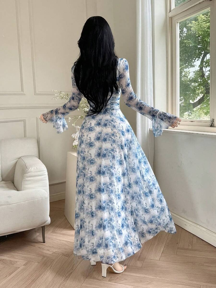 SHEIN qualityFeyla فستان طويل بنقشة زهرية وأكمام بفتحات