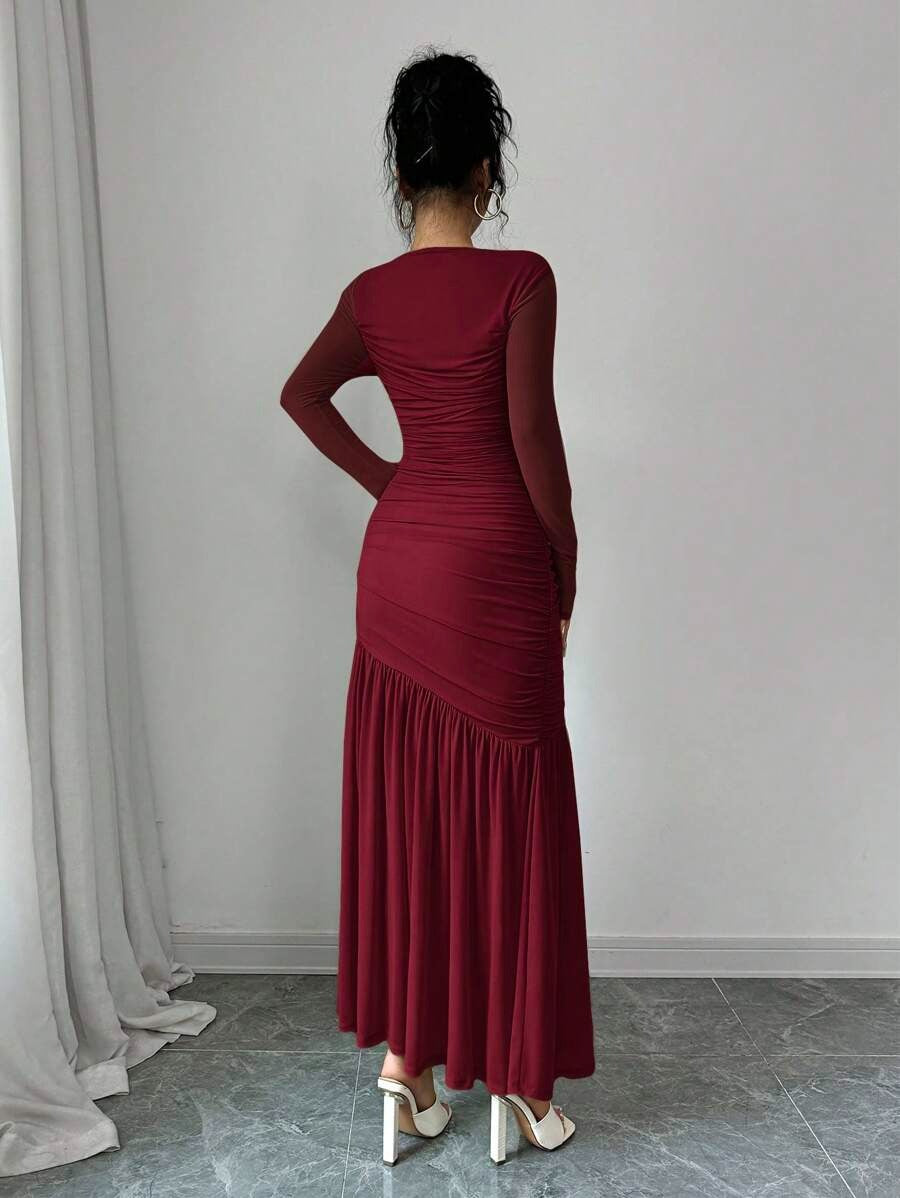 SHEIN Firerie فستان عنابي بأكمام طويلة وياقة دائرية