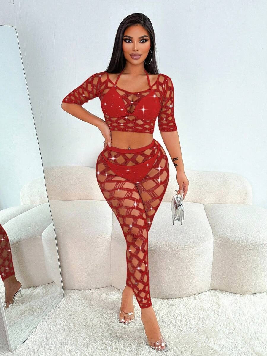 SHEIN طقم داخلي قطعتين بلوزة مفتوحة على الصدر وبنطال طويل شفاف بلون عنابي