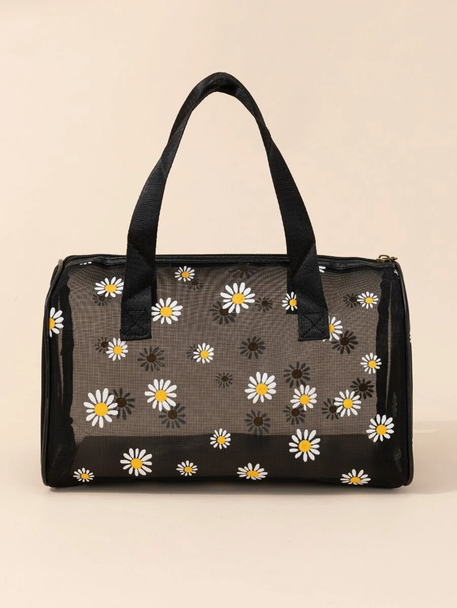 SHEIN حقيبة مكياج سوداء كبيرة شبكية بنقشة زهور