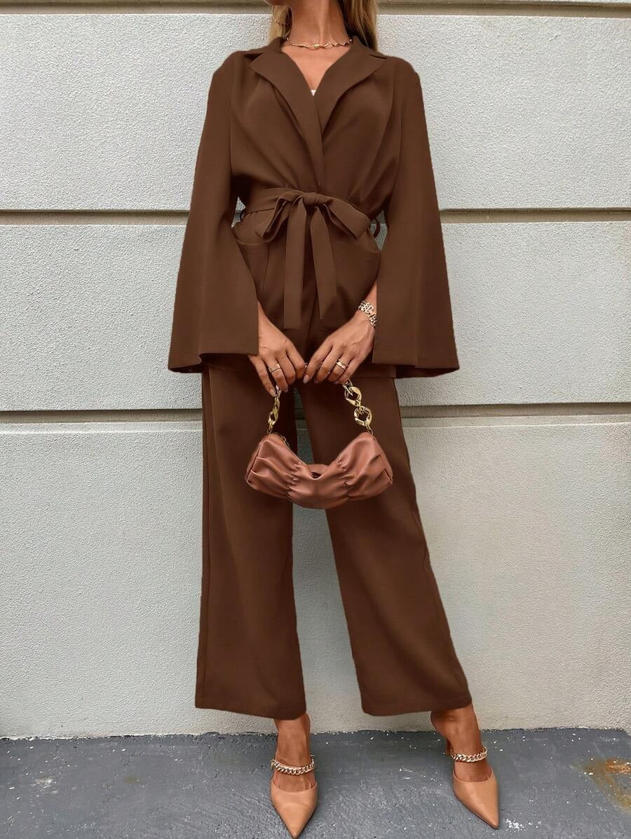 SHEIN Clasi طقم مكون من جاكيت مع بنطلون واسع بلون قهوة بني