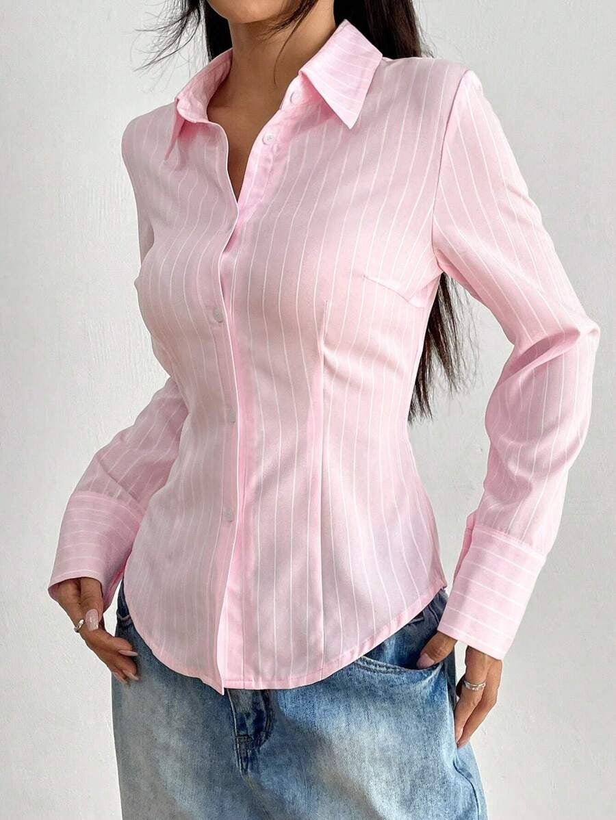 SHEIN Flirla قميص كاجوال خفيف ومريح مخطط بلون وردي